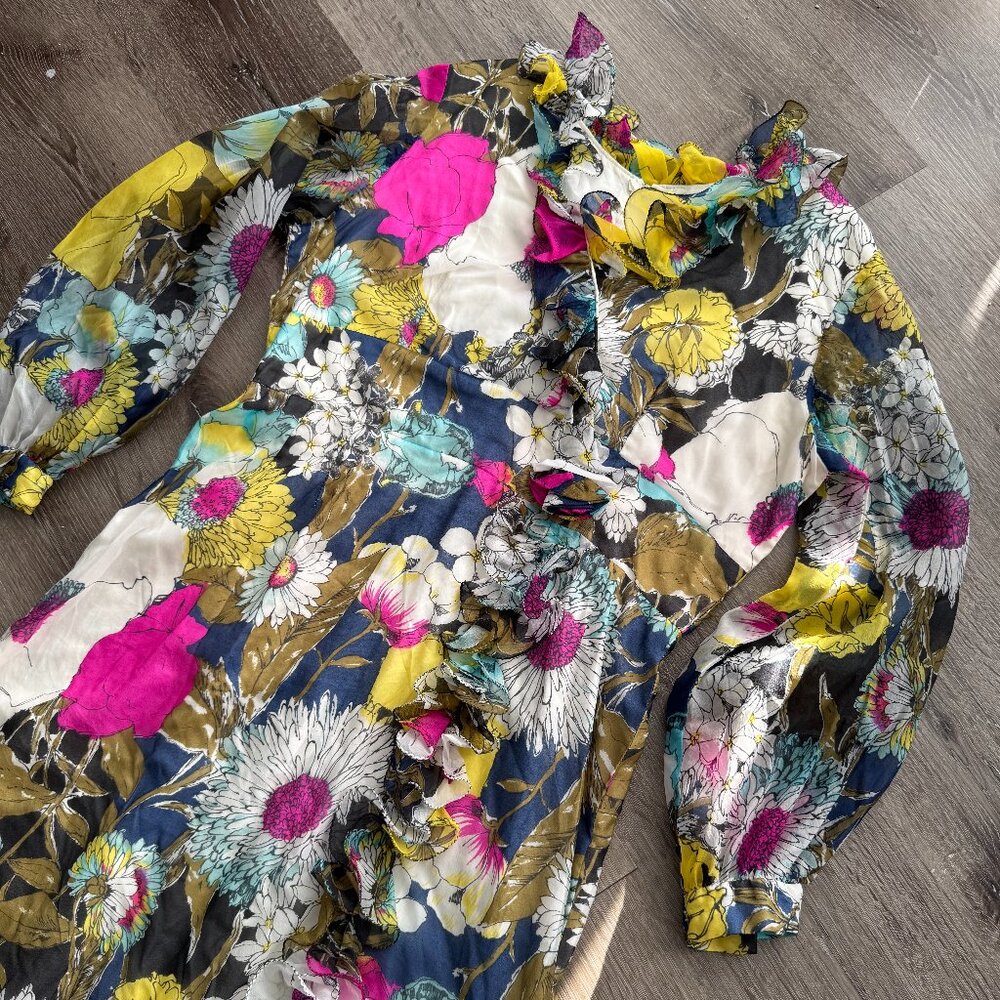 RARE Vtg 60s 70s chiffon frilly floral print maxi dress with neck ruffles / M-L